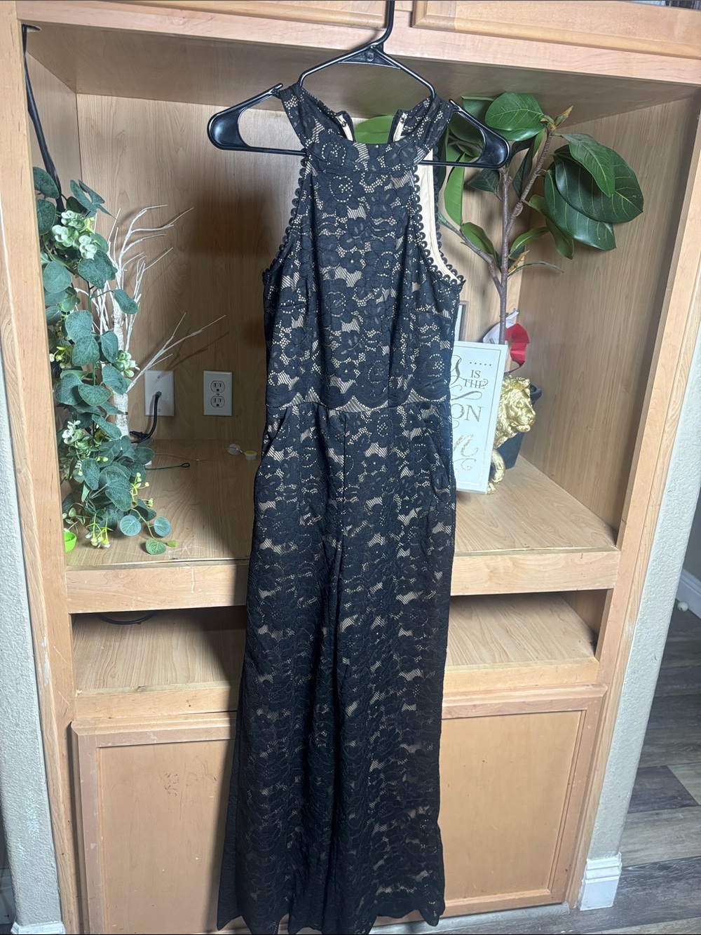 New York & Company Black Lace Halter Romper with Nude Lining
